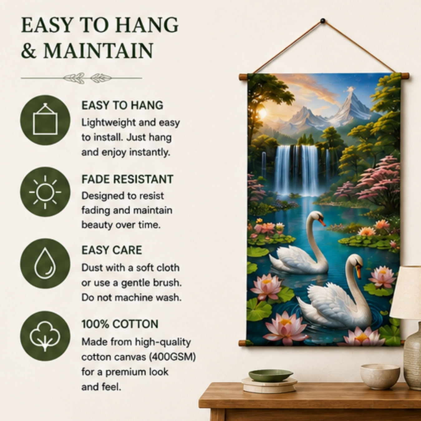 Swan Waterfall Wall Hanging Tapestry for Living Room |Nature Landscape Hanging Decor with Lotus Flowers & Mountain View | Aesthetic Wall Art for Bedroom, Office & Home Decor 18x36 Inch