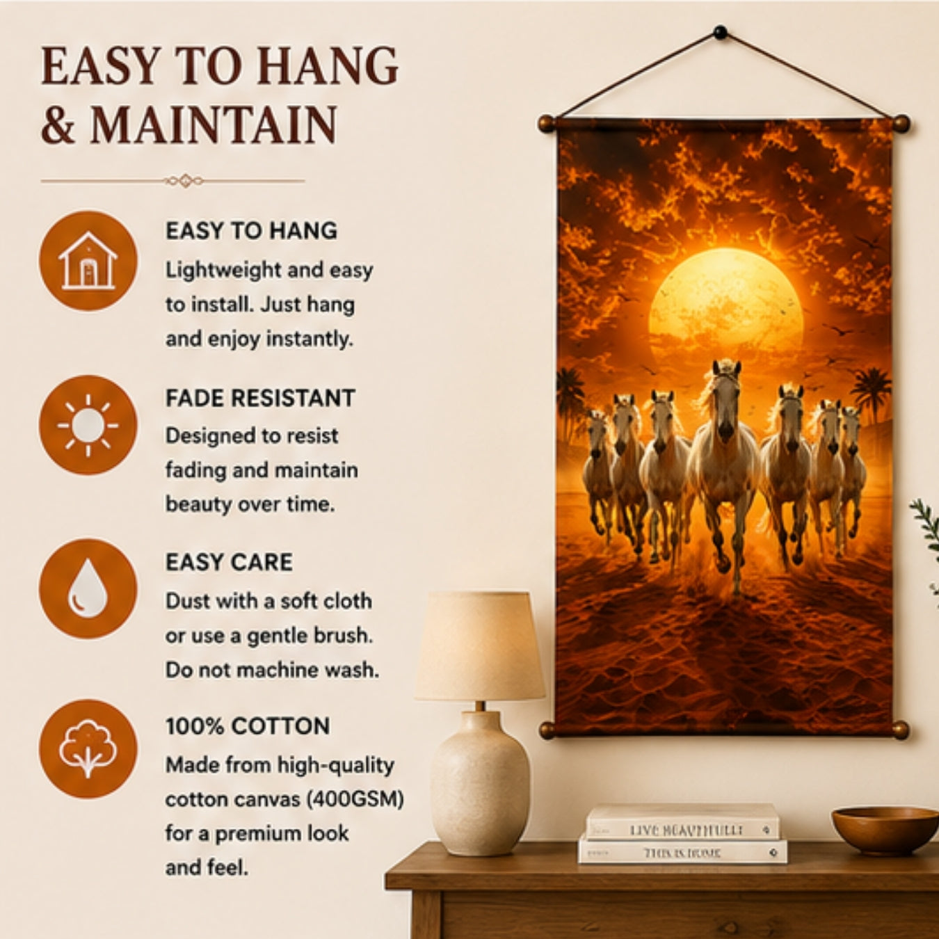 Seven Running Horse Vastu Tapestry Wall Hanging for Living Room & Bedroom | Running White Horses Sunrise Wall Decor | Aesthetic Animal Fabric Tapestry for Home, Office & Boho Decor 20x30 Inch
