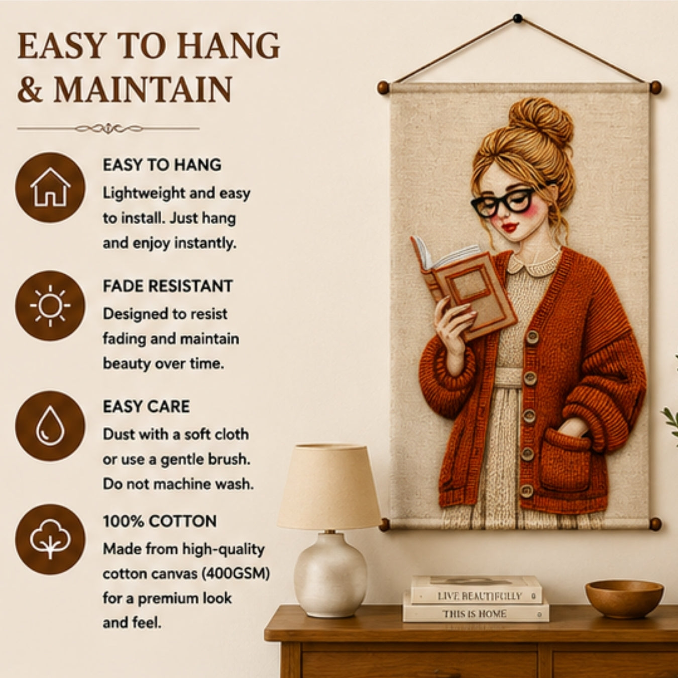 Aesthetic Girl Tapestry Wall Hanging for Bedroom & Living Room | Cozy Reading Girl Wall Decor with Knitted Sweater Design | Book Lover Fabric Tapestry for Home, Study & Boho Room Decor 20x30 Inch