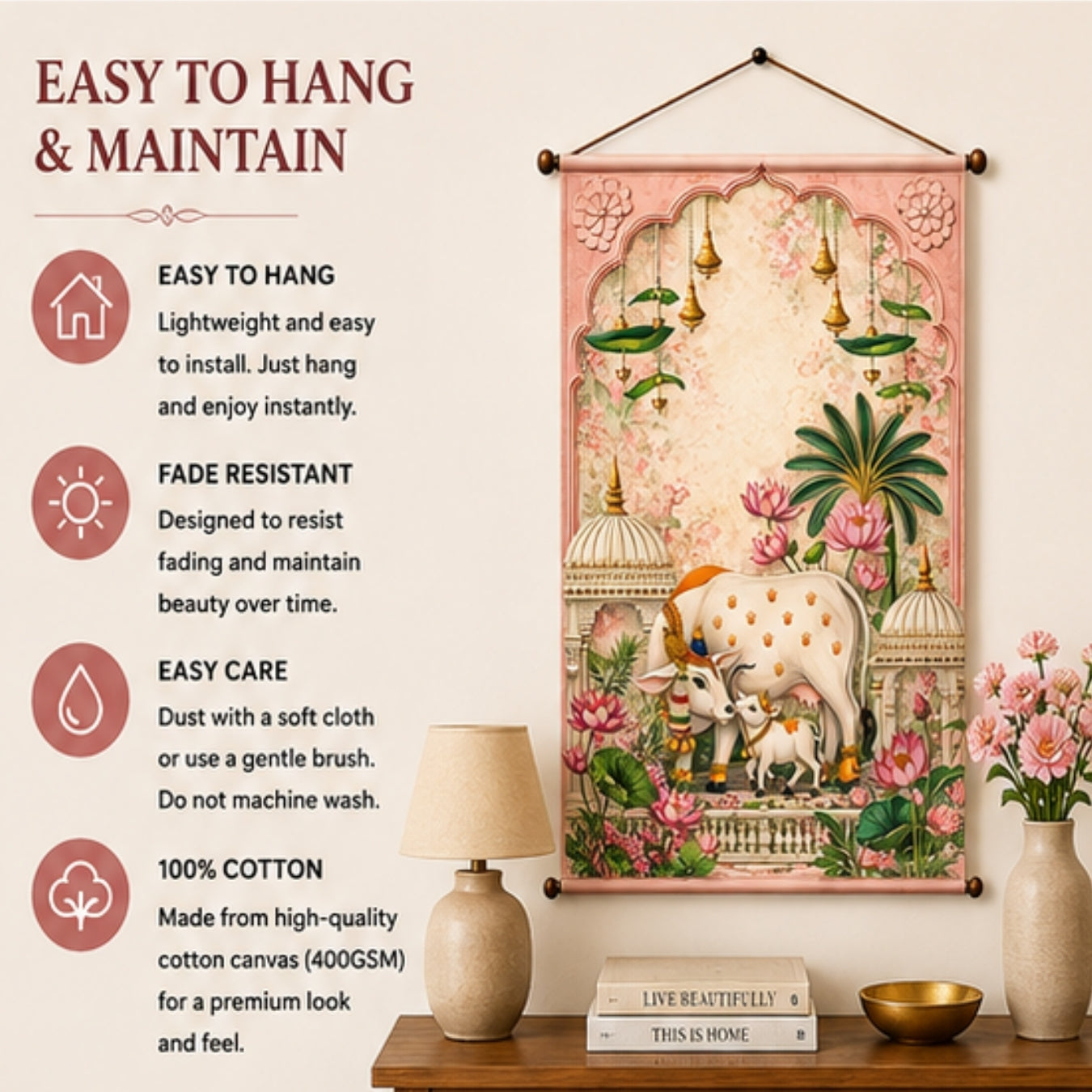 for Living Room & Pooja Room | Spiritual Lotus Temple Wall Decor | Hindu Devotional Fabric Tapestry for Home, Meditation & Festive Decor 20x30 Inch