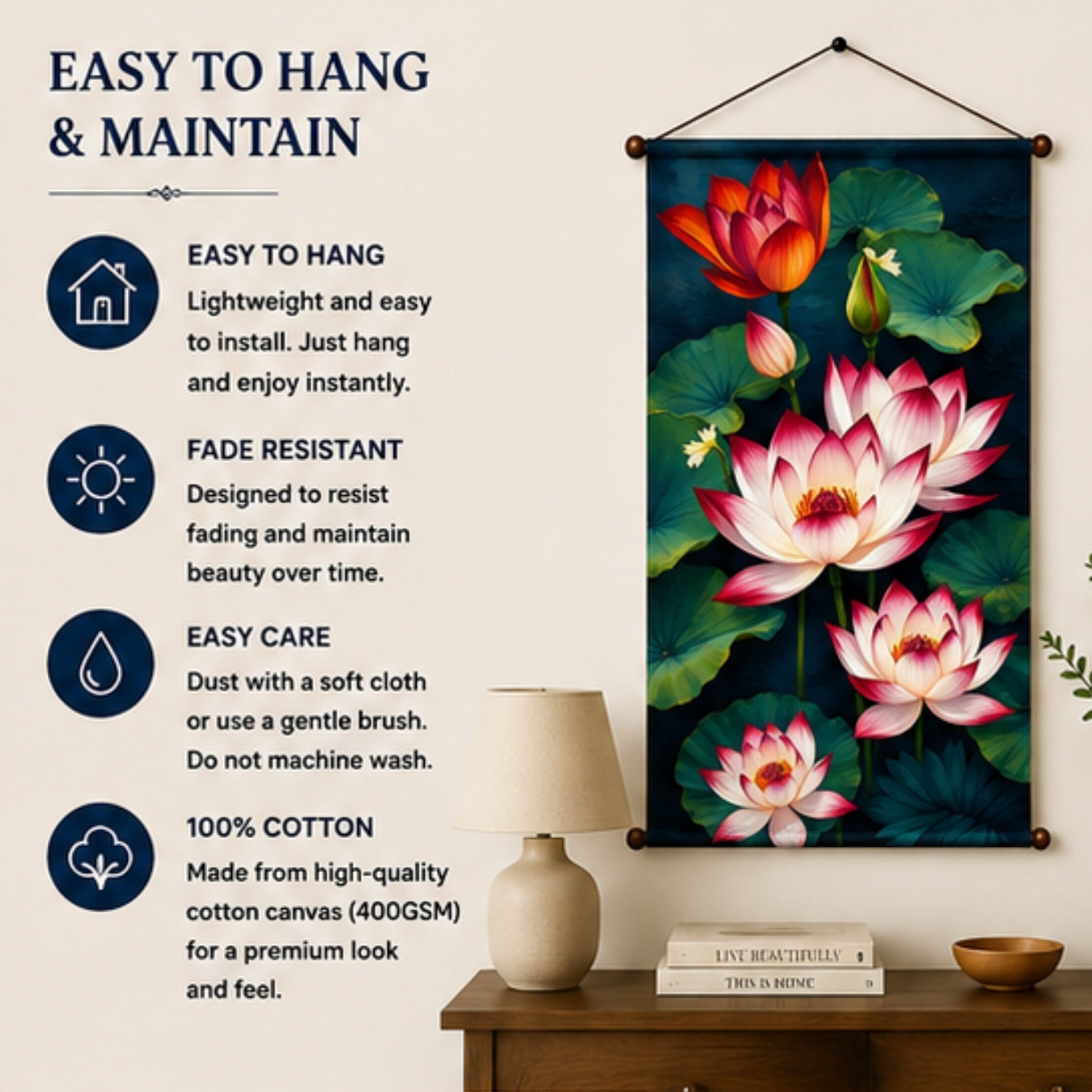 Flower Tapestry Lotus Wall Hanging Decor For Living Room & Bedroom | Aesthetic Floral Wall Decor with Lotus Pond Design | Zen Fabric Tapestry for Home, Meditation Room & Boho Decor 20X30 Inch