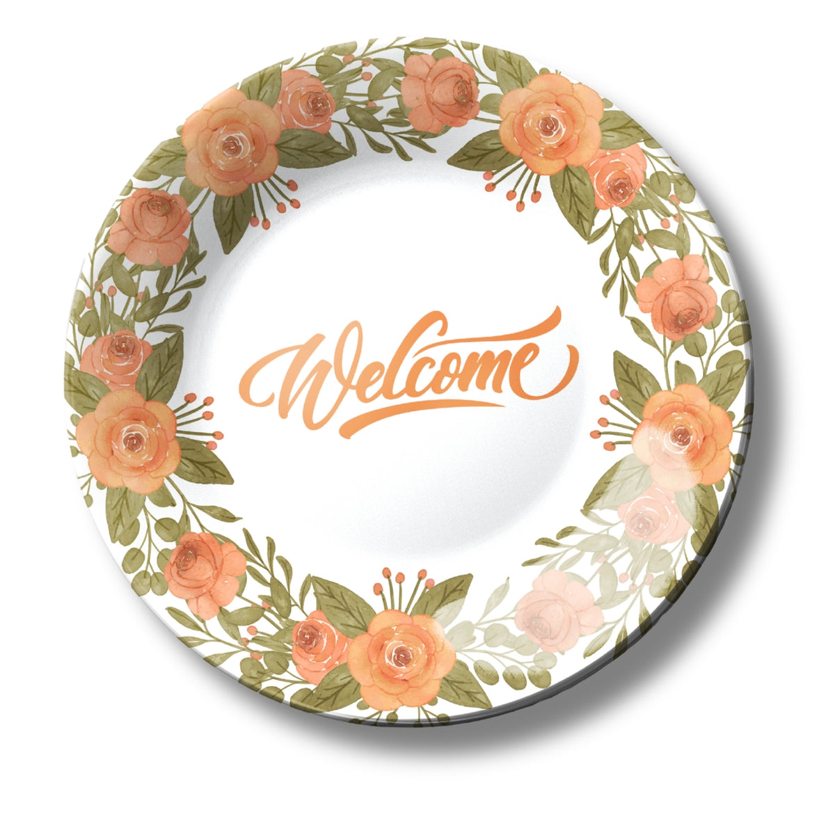 Welcome With Orange Flowers Ceramic Wall Plate Home Décor