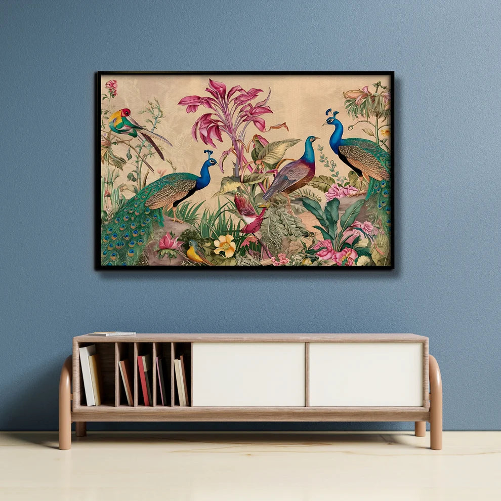 Peacock Paradise Canvas Painting Framed Wall Art