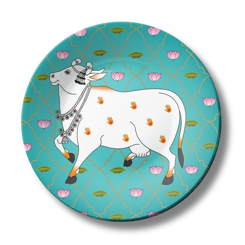 White Cow and Lotuses Pichwai Ceramic Decorative Wall Plate