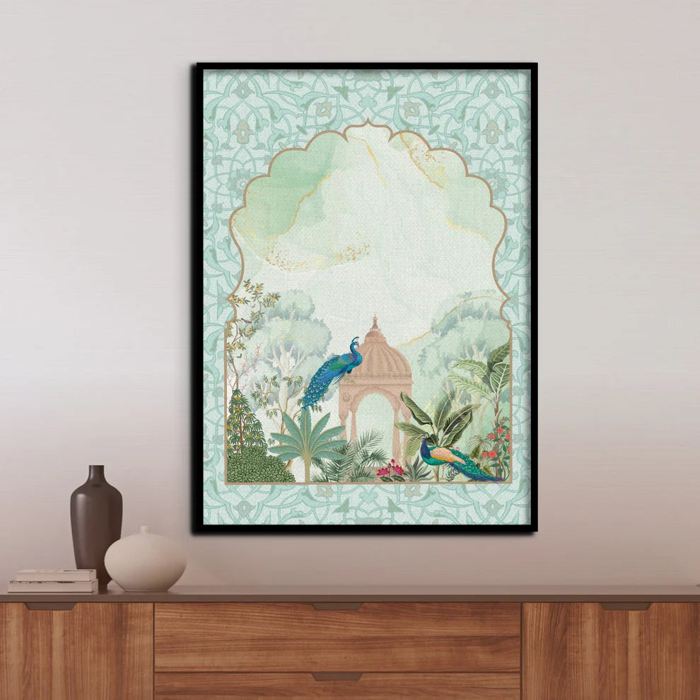 Regal Serenity Peacock Couple Canvas Painting Framed Wall Art