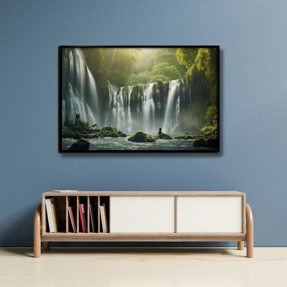 Tranquil Cascade Waterfall Canvas Painting Framed Wall Art