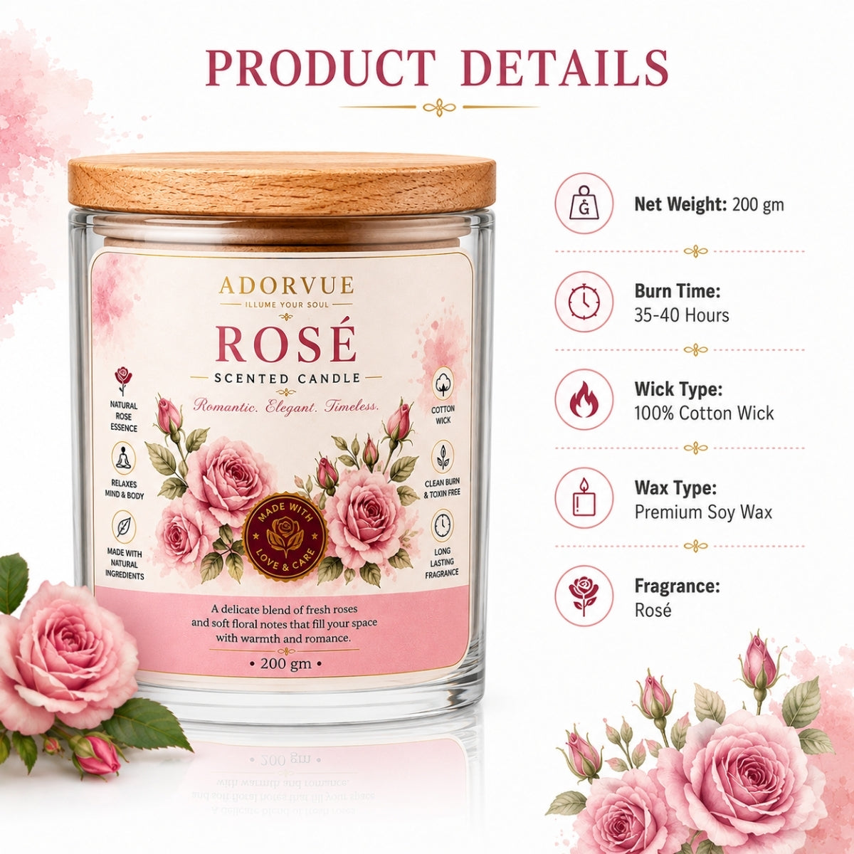 Rose Scented Candle for Home Decor & Gifting | Natural Soy Wax Aromatherapy Candle