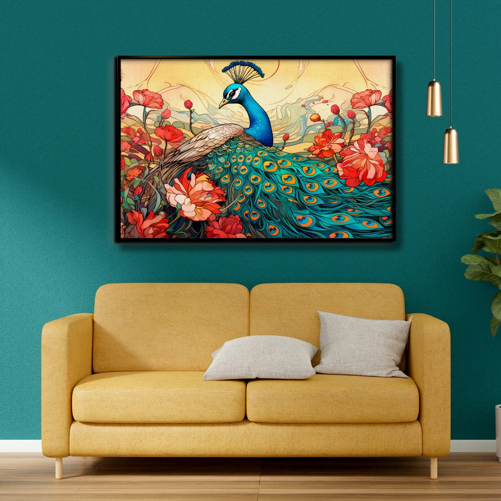 Regal Bloom Peacock Canvas Painting Framed Wall Art