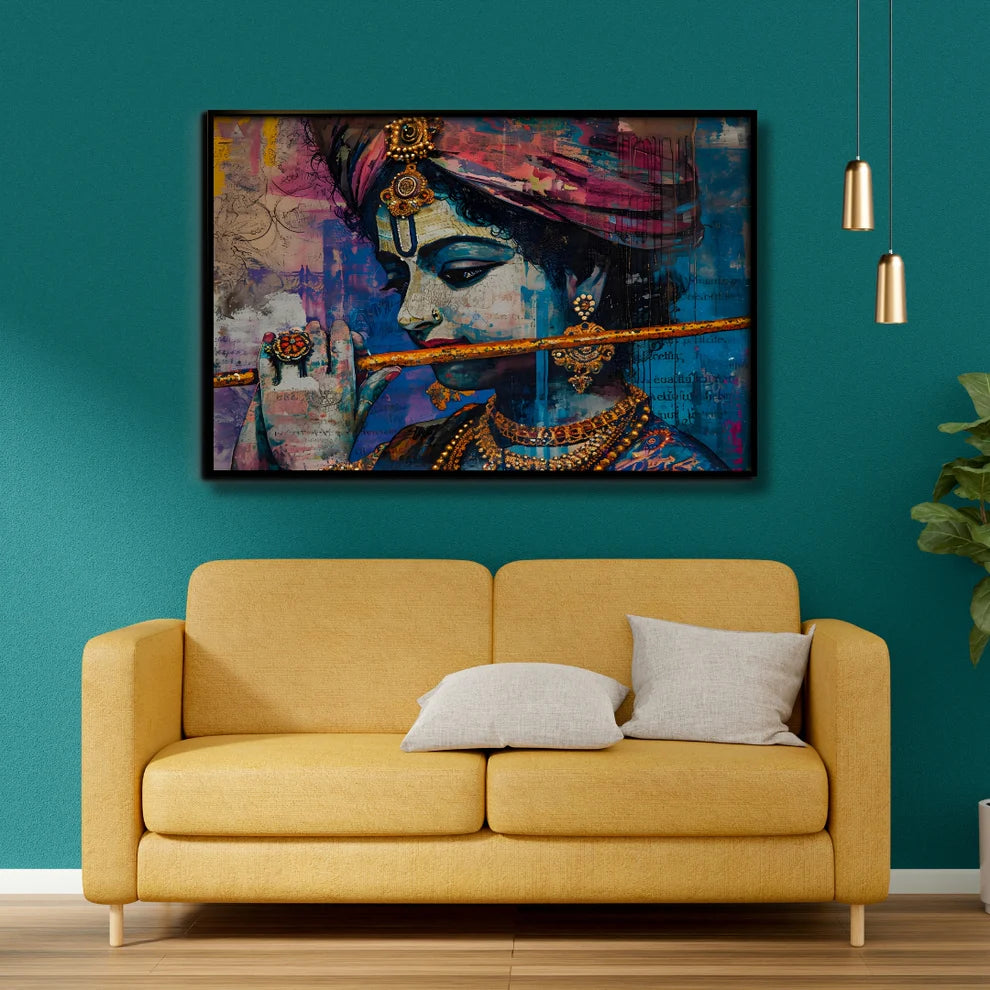 Divine Harmony Lord Krishna Canvas Painting Framed Wall Art