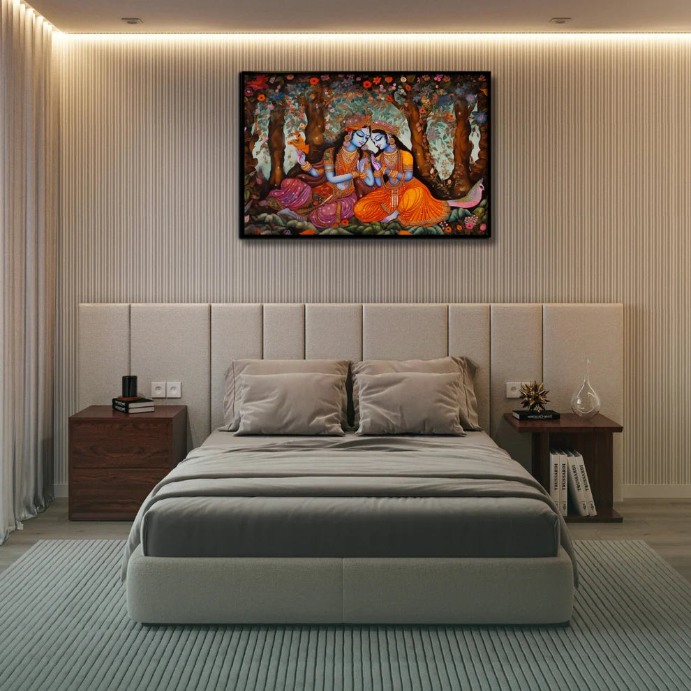 Divine Romance Radha and Krishna Canvas Painting Framed Wall Art