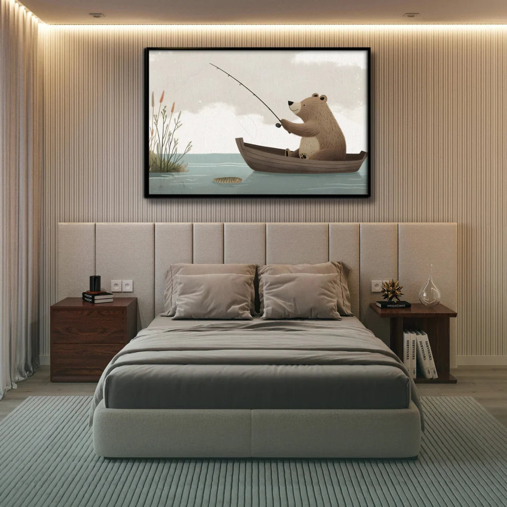 Bear’s Fishing Adventure Canvas Painting Framed Wall Art