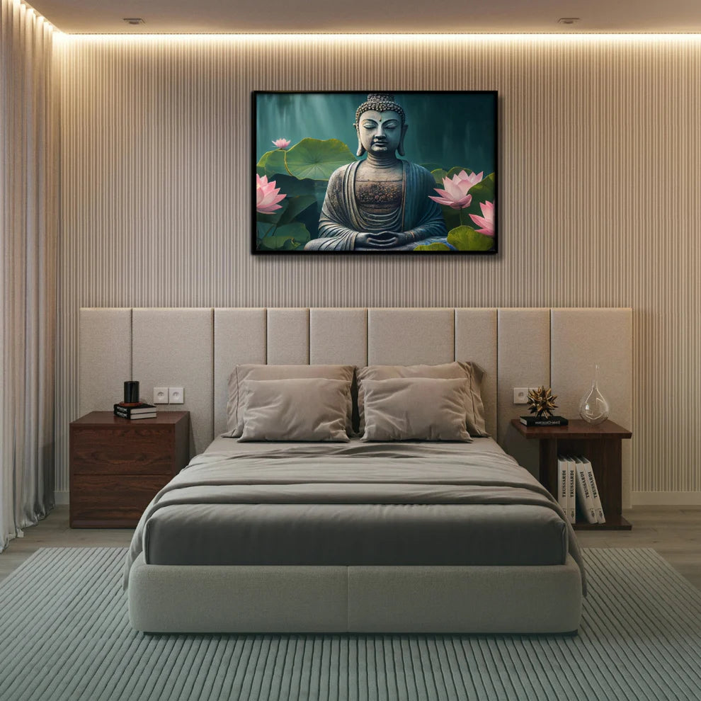 Buddha Ji and Lotus Zen Bloom Canvas Painting Framed Wall Art