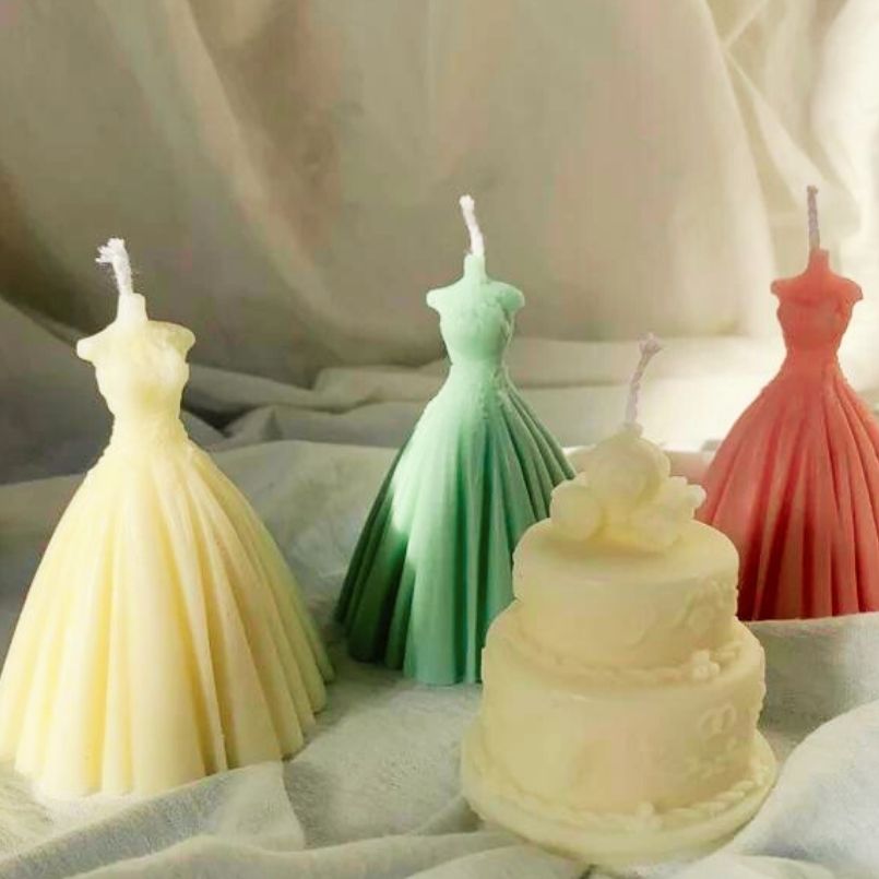 Set of 2 Ivory 100% Soy Wax Handcrafted Bridal Dress Decorative Candle