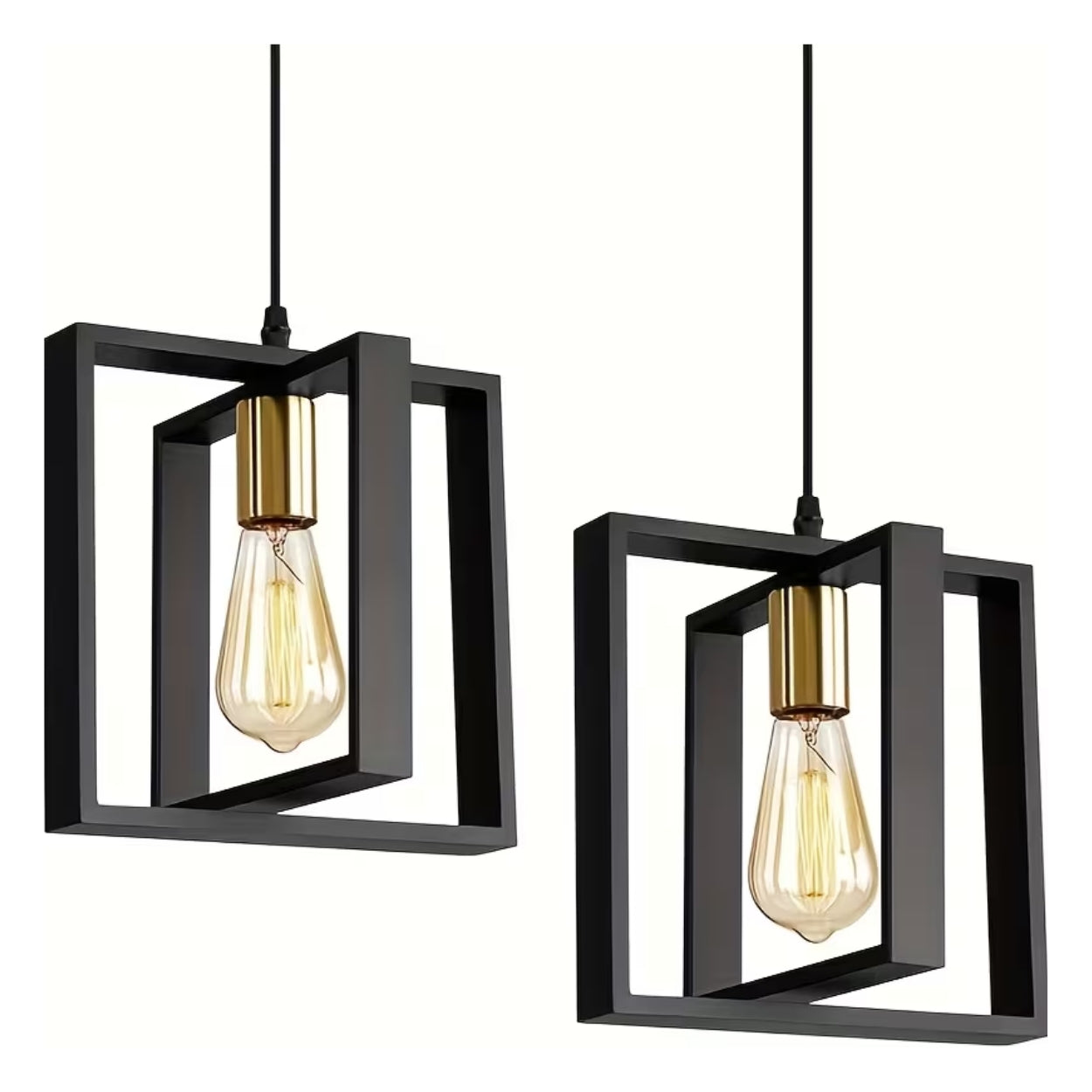 Set of 2 Noir Frame Pendant Solid Wood Lamp