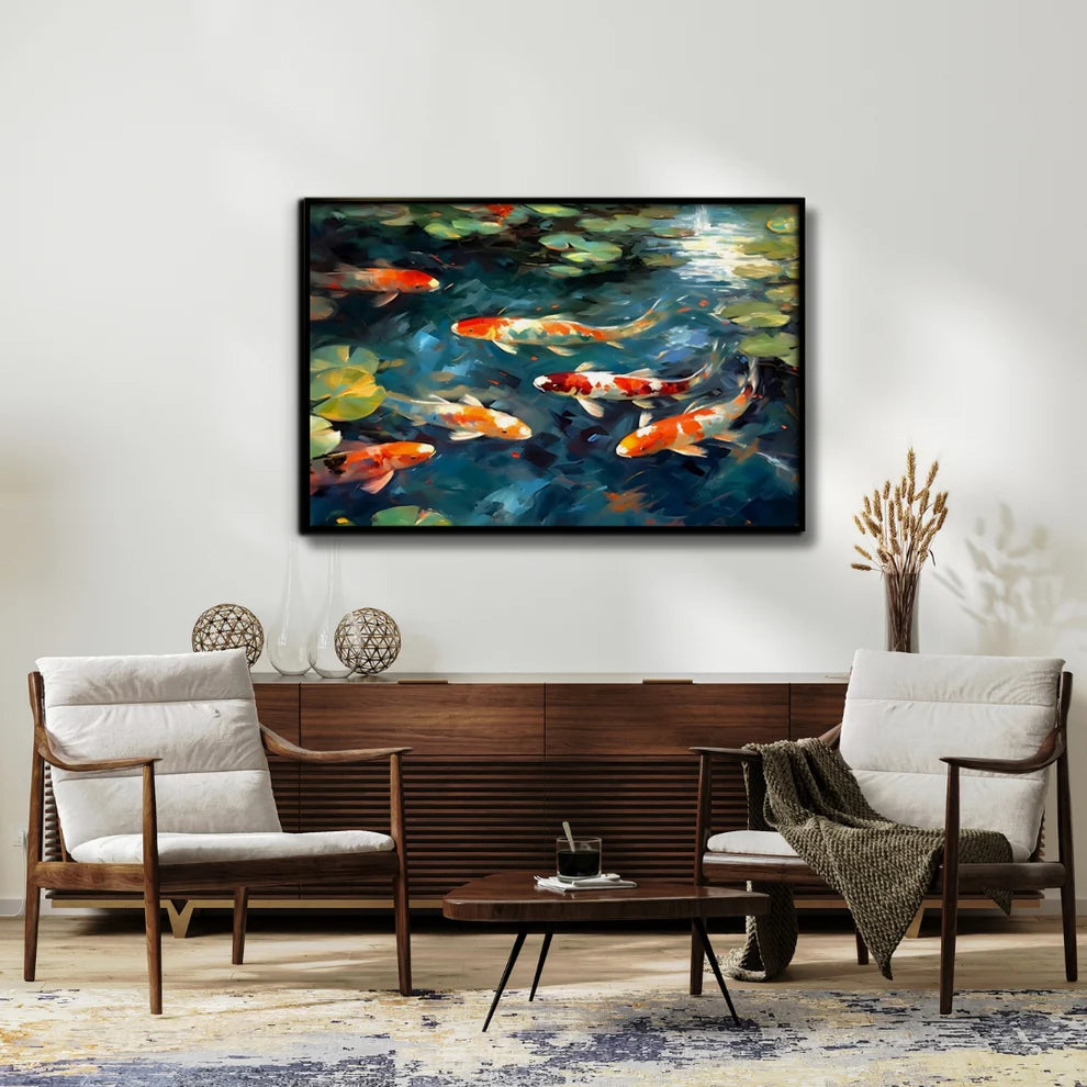Tranquil Currents Koi Fish Canvas Painting Framed Wall Art