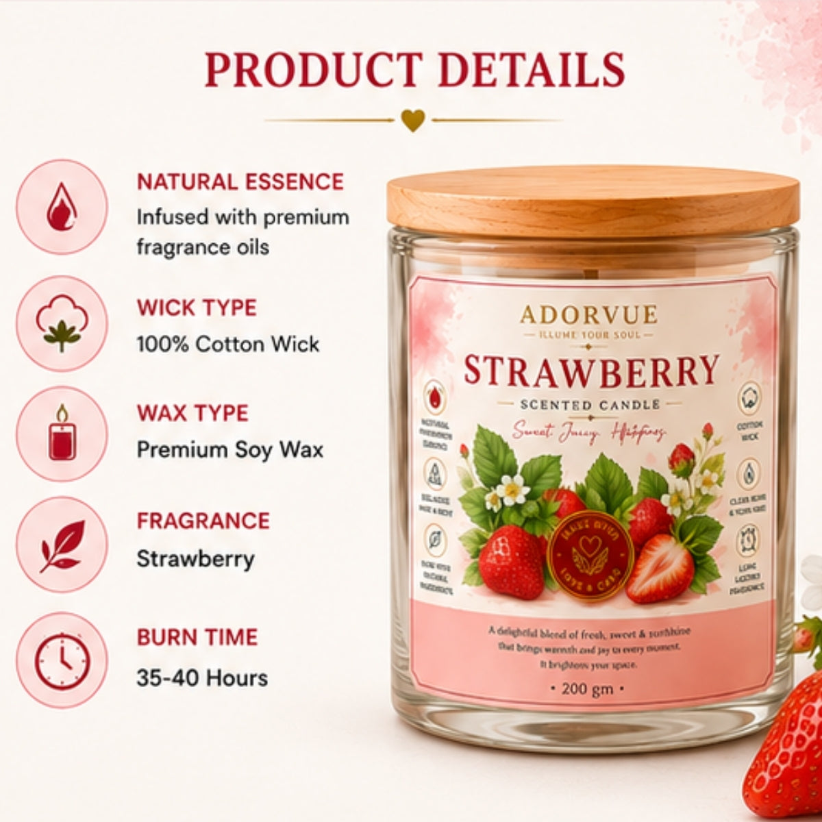 Strawberry Scented Candle for Home Decor & Gifting | Natural Soy Wax Aromatherapy Candle