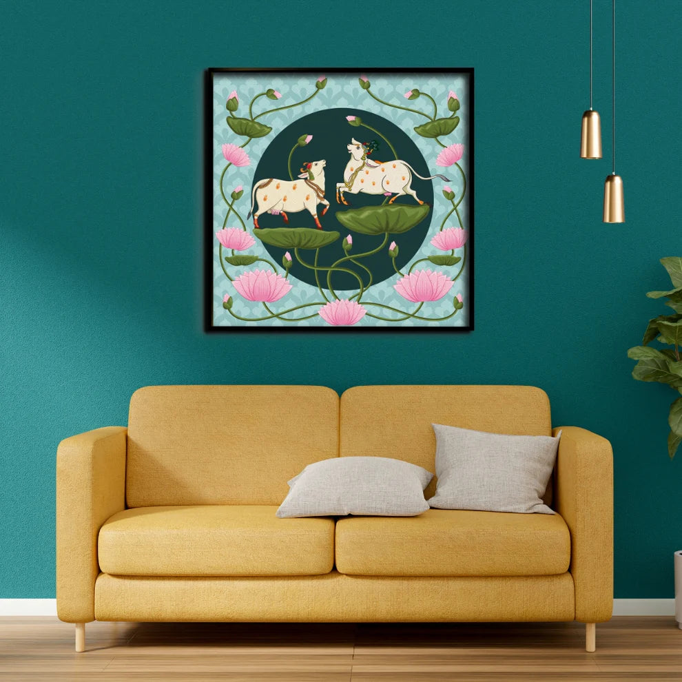 Divine Lotus and Cows Pichwai Canvas Painting Framed Wall Art
