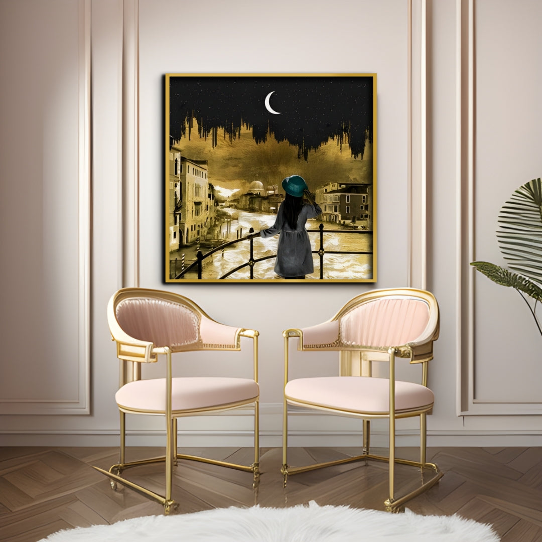 Golden Moonlit Venice Canvas Painting Framed Wall Art