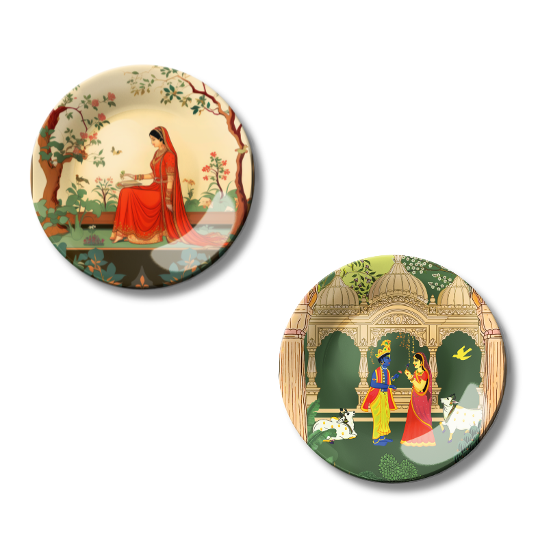 Set of 2 Radha Krishna Conversation & Wait Beautiful Story Home Décor Wall Plates