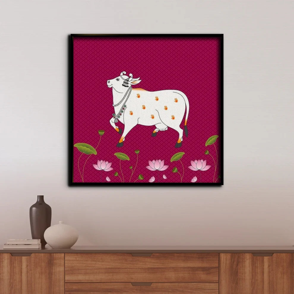 Sacred Pichwai Cow Canvas Painting Framed Wall Art