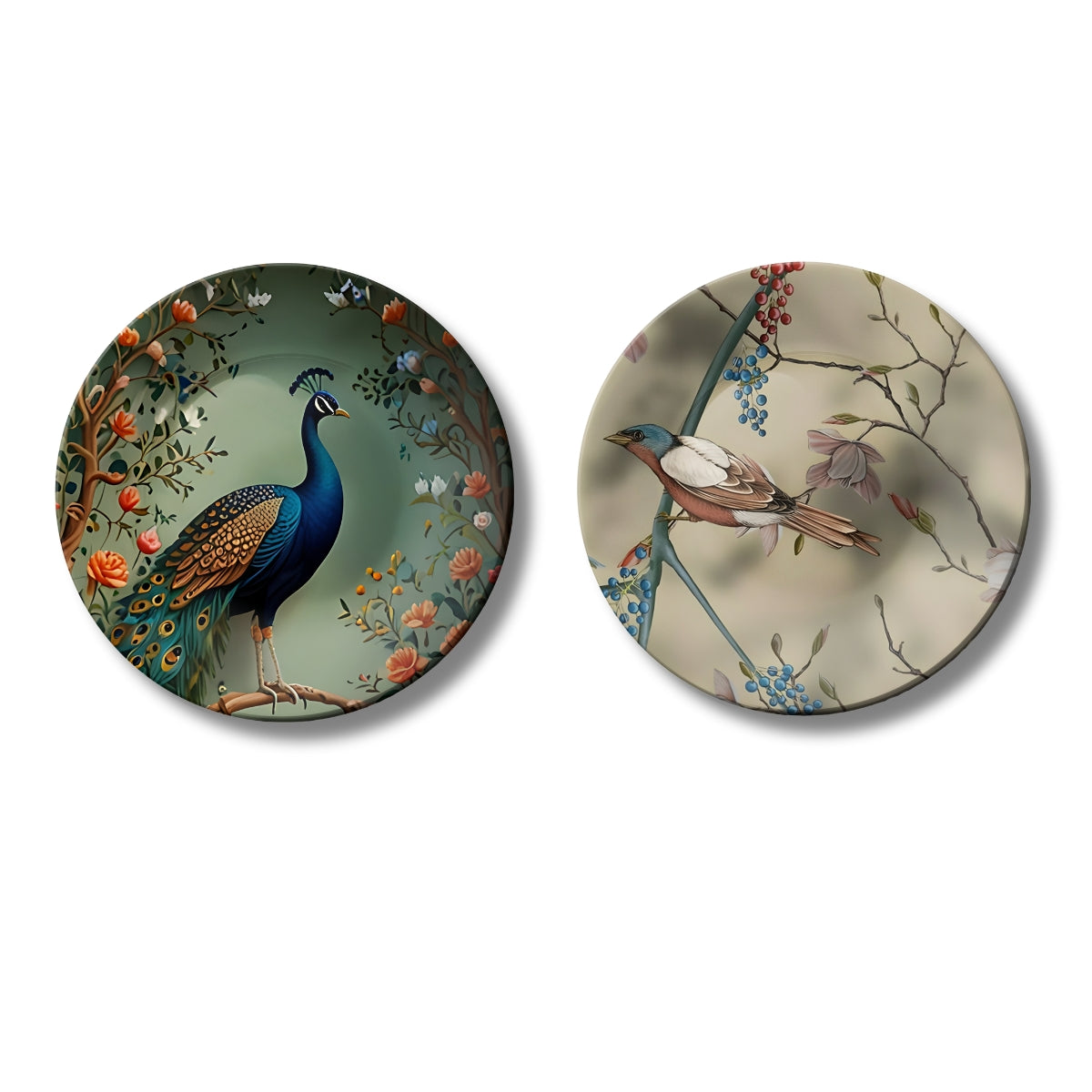 Set of 2 Royal Peacock & Songbird Symphony Ceramic Wall Plates Home Décor
