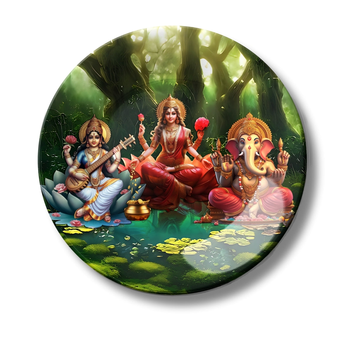 Maa Laxmi, Maa Saraswathi, and Lord Ganesh Decorative Wall Plate