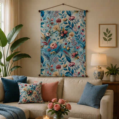 Floral Tapestry Wall Hanging for Living Room & Bedroom | Pastel Botanical Wall Decor with Blue Leaves & Bloom Design | Aesthetic Fabric Tapestry for Home, Office & Boho Decor 20x30 Inch