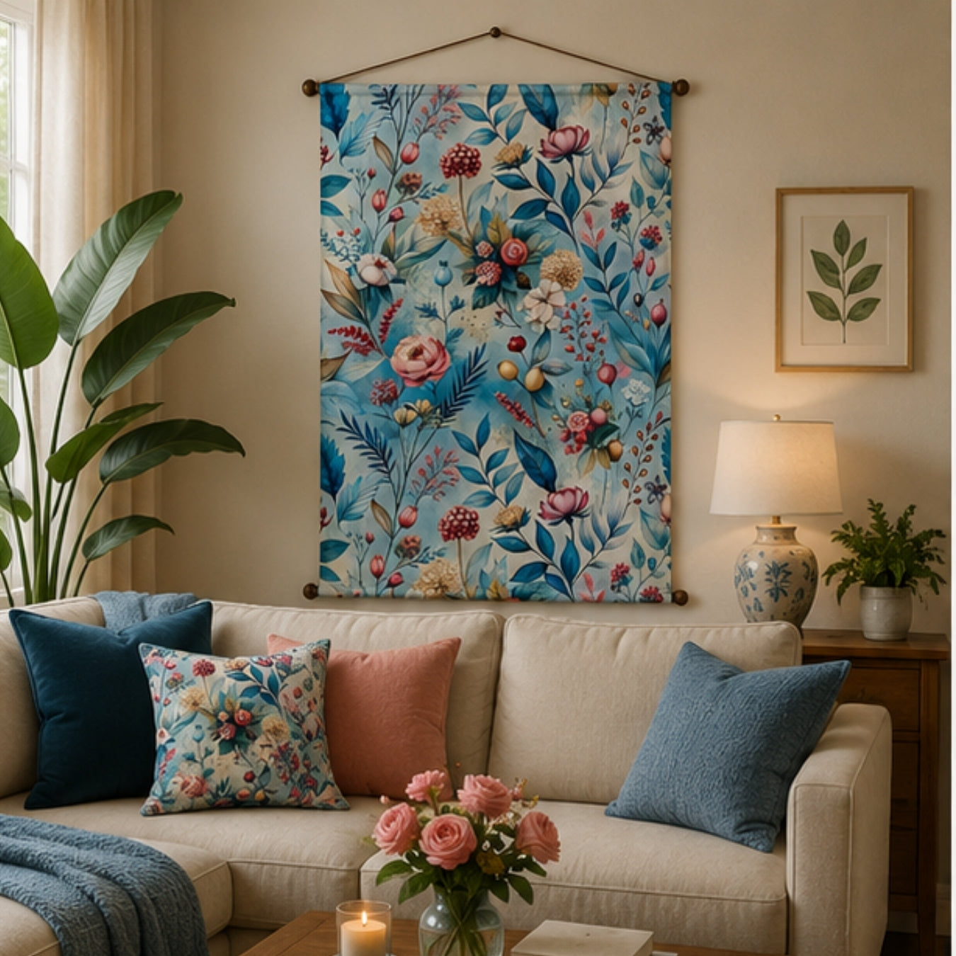 Floral Tapestry Wall Hanging for Living Room & Bedroom | Pastel Botanical Wall Decor with Blue Leaves & Bloom Design | Aesthetic Fabric Tapestry for Home, Office & Boho Decor 20x30 Inch