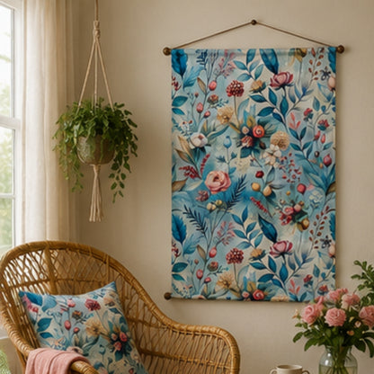 Floral Tapestry Wall Hanging for Living Room & Bedroom | Pastel Botanical Wall Decor with Blue Leaves & Bloom Design | Aesthetic Fabric Tapestry for Home, Office & Boho Decor 20x30 Inch