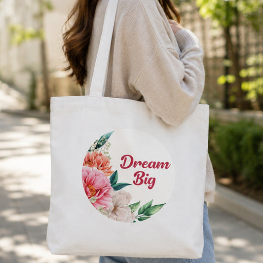 Dream Big Premium Reusable Unique Art Printed Tote Bag Stylish Eco-Friendly Cotton Handbags, Canvas Bags for College, Shopping, Office, Travel, Grocery Runs, Beach Day and Casual Outings