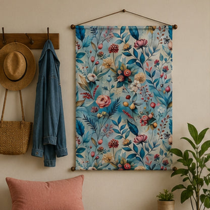 Floral Tapestry Wall Hanging for Living Room & Bedroom | Pastel Botanical Wall Decor with Blue Leaves & Bloom Design | Aesthetic Fabric Tapestry for Home, Office & Boho Decor 20x30 Inch