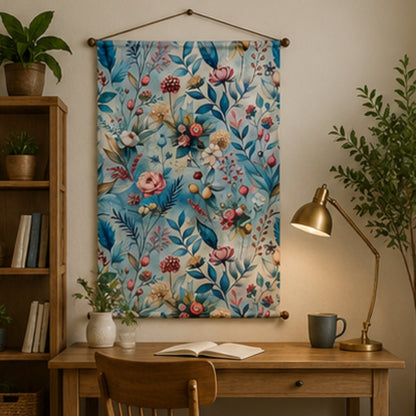 Floral Tapestry Wall Hanging for Living Room & Bedroom | Pastel Botanical Wall Decor with Blue Leaves & Bloom Design | Aesthetic Fabric Tapestry for Home, Office & Boho Decor 20x30 Inch