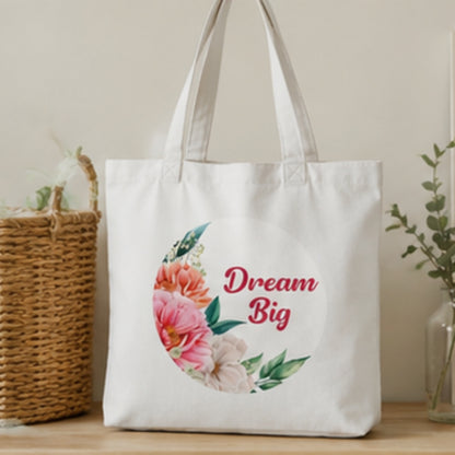 Dream Big Premium Reusable Unique Art Printed Tote Bag Stylish Eco-Friendly Cotton Handbags, Canvas Bags for College, Shopping, Office, Travel, Grocery Runs, Beach Day and Casual Outings