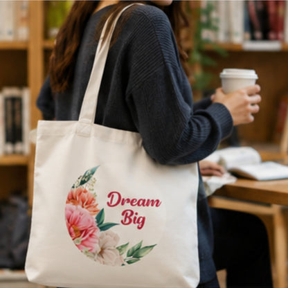 Dream Big Premium Reusable Unique Art Printed Tote Bag Stylish Eco-Friendly Cotton Handbags, Canvas Bags for College, Shopping, Office, Travel, Grocery Runs, Beach Day and Casual Outings