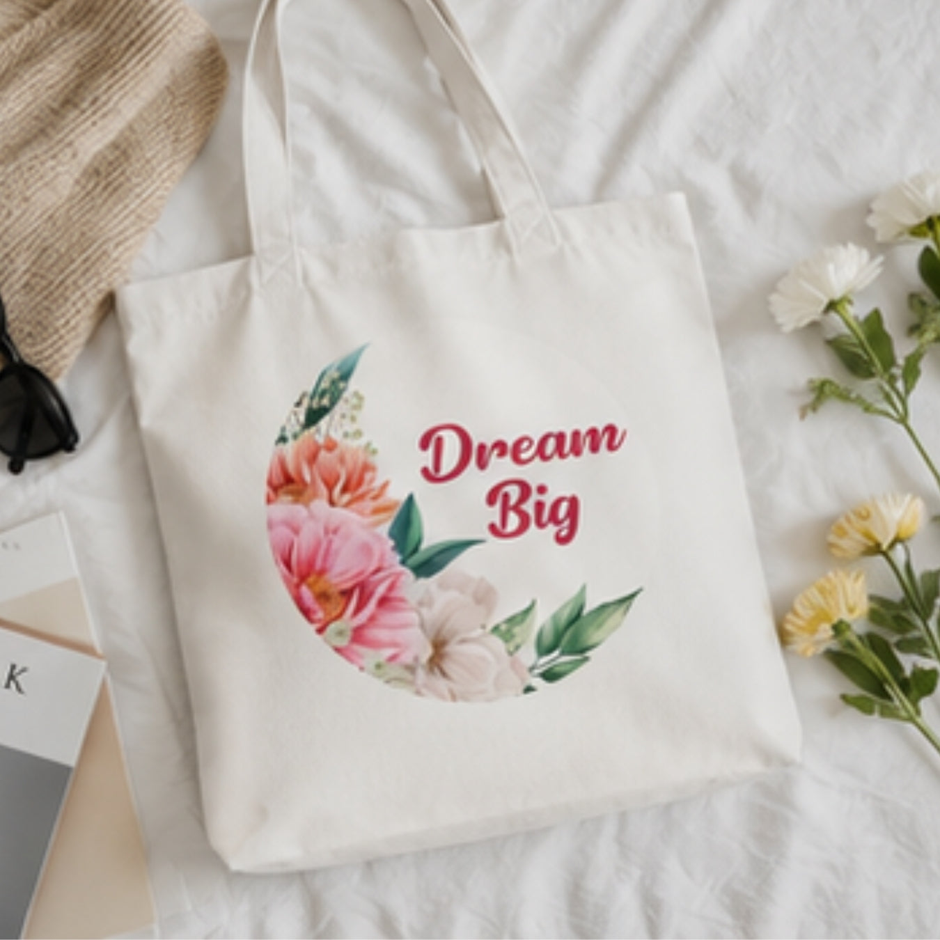 Dream Big Premium Reusable Unique Art Printed Tote Bag Stylish Eco-Friendly Cotton Handbags, Canvas Bags for College, Shopping, Office, Travel, Grocery Runs, Beach Day and Casual Outings