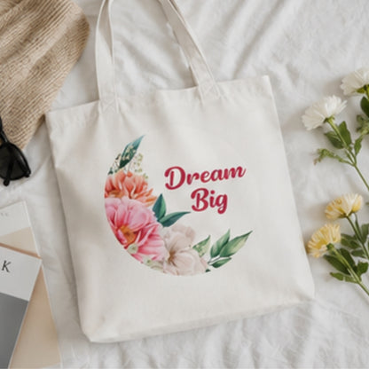 Dream Big Premium Reusable Unique Art Printed Tote Bag Stylish Eco-Friendly Cotton Handbags, Canvas Bags for College, Shopping, Office, Travel, Grocery Runs, Beach Day and Casual Outings