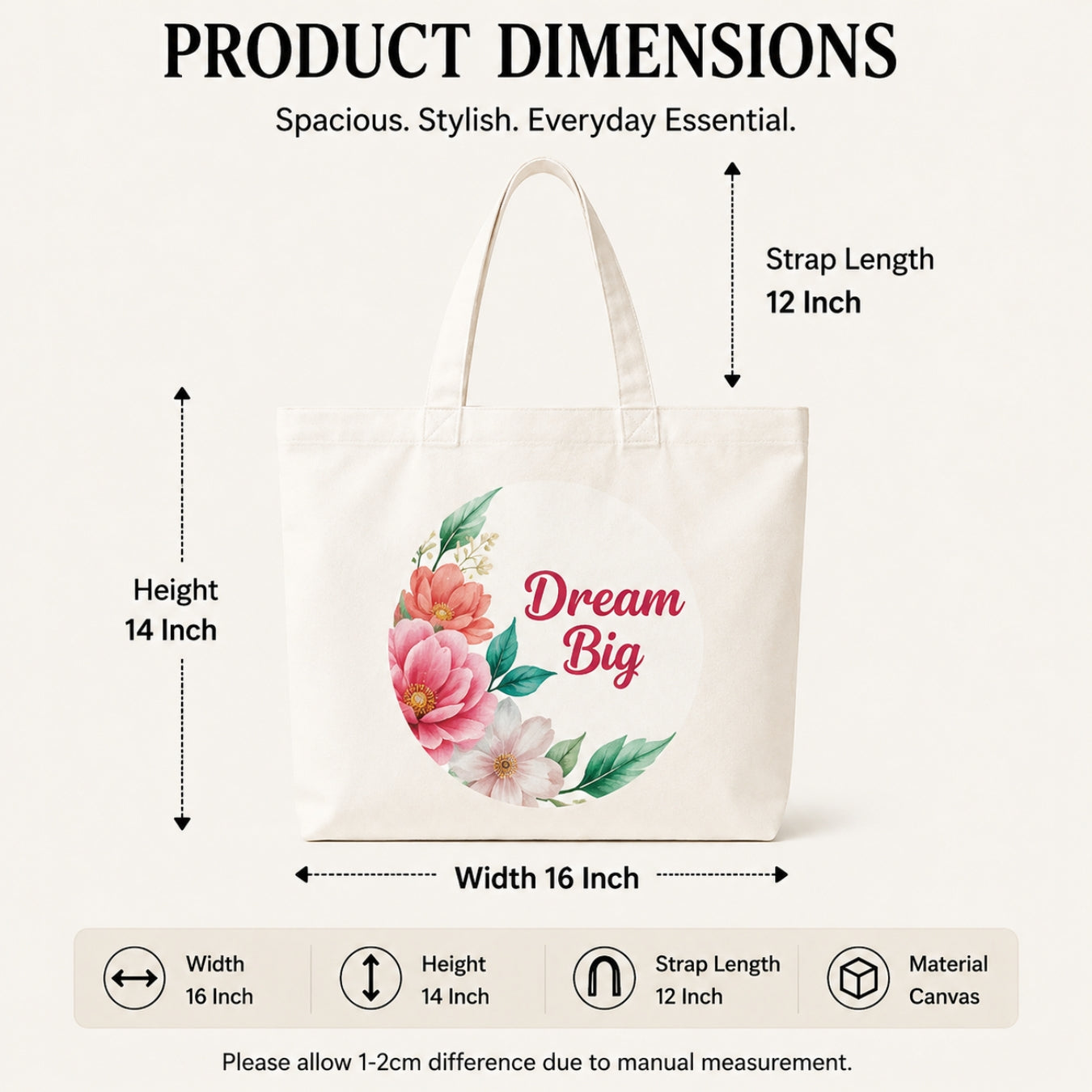 Dream Big Premium Reusable Unique Art Printed Tote Bag Stylish Eco-Friendly Cotton Handbags, Canvas Bags for College, Shopping, Office, Travel, Grocery Runs, Beach Day and Casual Outings