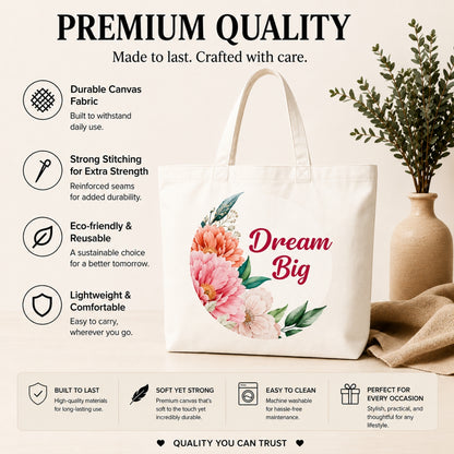Dream Big Premium Reusable Unique Art Printed Tote Bag Stylish Eco-Friendly Cotton Handbags, Canvas Bags for College, Shopping, Office, Travel, Grocery Runs, Beach Day and Casual Outings