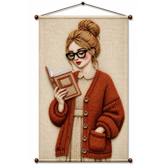 Aesthetic Girl Tapestry Wall Hanging for Bedroom & Living Room | Cozy Reading Girl Wall Decor with Knitted Sweater Design | Book Lover Fabric Tapestry for Home, Study & Boho Room Decor 20x30 Inch