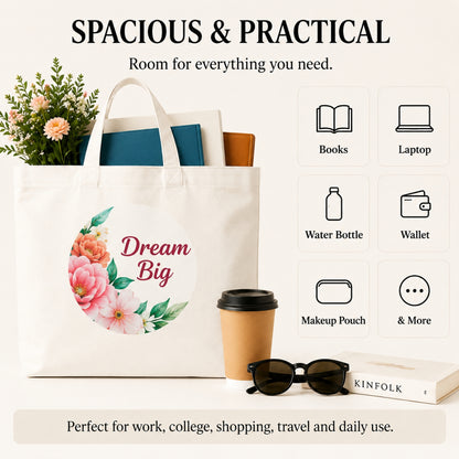 Dream Big Premium Reusable Unique Art Printed Tote Bag Stylish Eco-Friendly Cotton Handbags, Canvas Bags for College, Shopping, Office, Travel, Grocery Runs, Beach Day and Casual Outings
