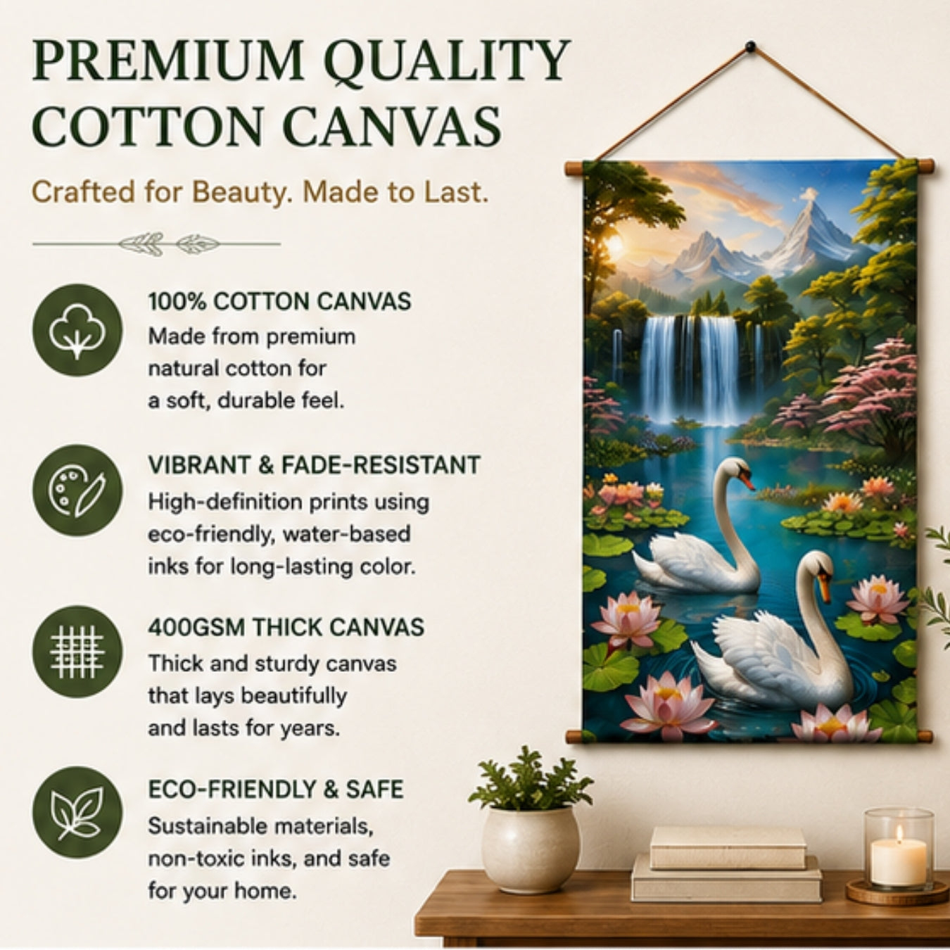 Swan Waterfall Wall Hanging Tapestry for Living Room |Nature Landscape Hanging Decor with Lotus Flowers & Mountain View | Aesthetic Wall Art for Bedroom, Office & Home Decor 18x36 Inch