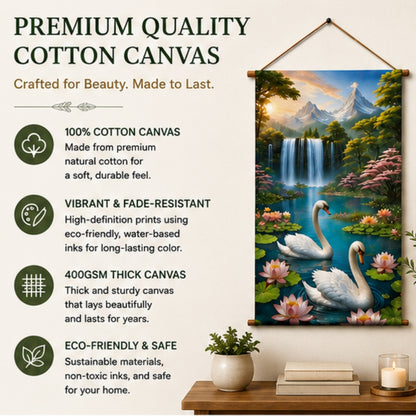 Swan Waterfall Wall Hanging Tapestry for Living Room |Nature Landscape Hanging Decor with Lotus Flowers & Mountain View | Aesthetic Wall Art for Bedroom, Office & Home Decor 18x36 Inch
