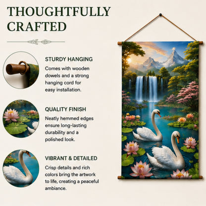 Swan Waterfall Wall Hanging Tapestry for Living Room |Nature Landscape Hanging Decor with Lotus Flowers & Mountain View | Aesthetic Wall Art for Bedroom, Office & Home Decor 18x36 Inch