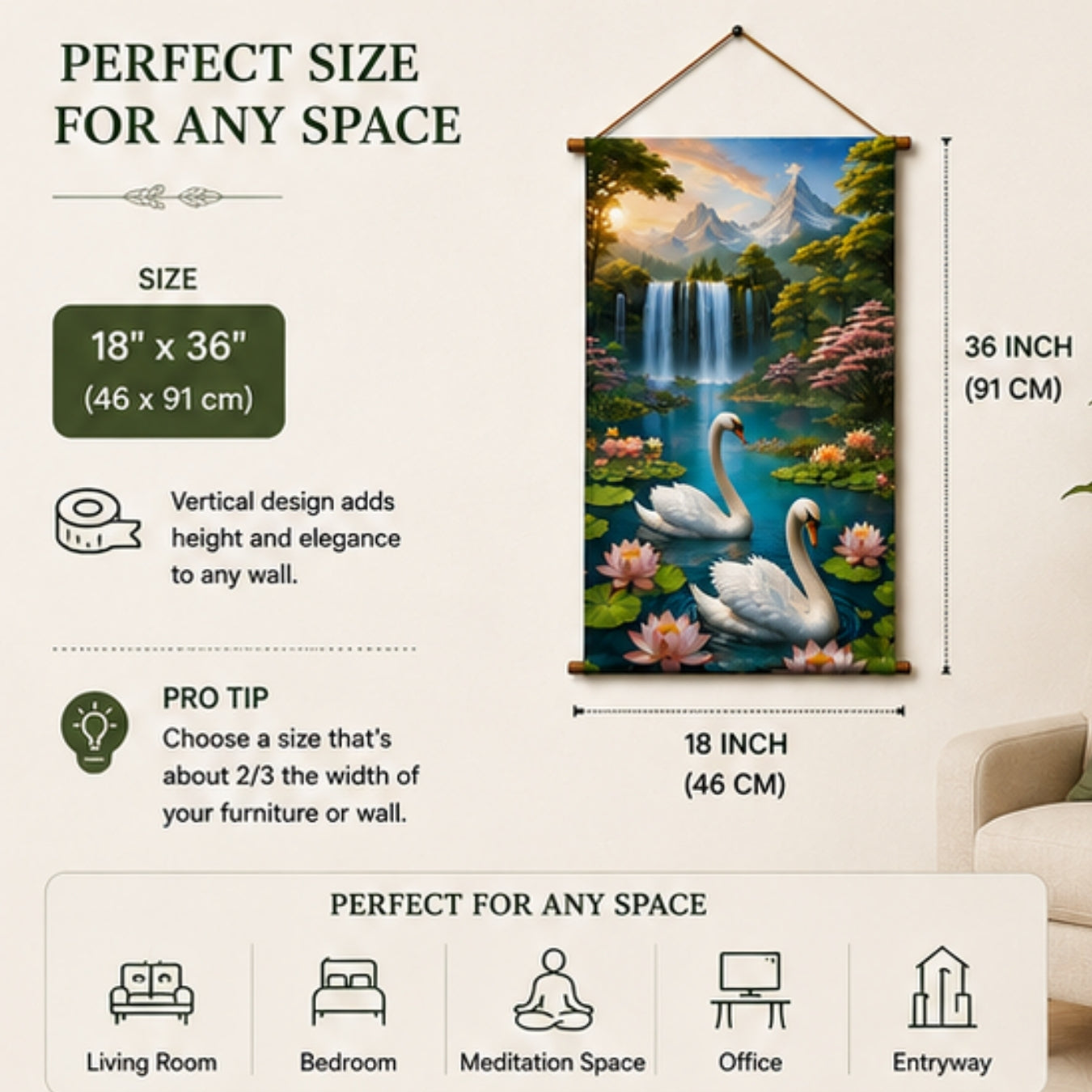 Swan Waterfall Wall Hanging Tapestry for Living Room |Nature Landscape Hanging Decor with Lotus Flowers & Mountain View | Aesthetic Wall Art for Bedroom, Office & Home Decor 18x36 Inch