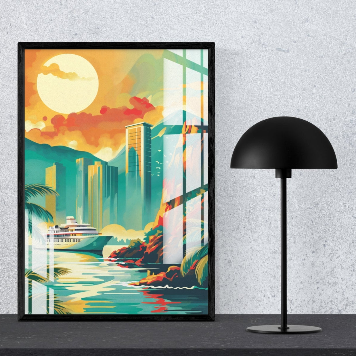 Neon Coastline City Metal Print With or Without Frame Wall Art