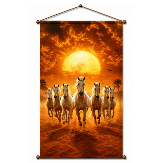 Seven Running Horse Vastu Tapestry Wall Hanging for Living Room & Bedroom | Running White Horses Sunrise Wall Decor | Aesthetic Animal Fabric Tapestry for Home, Office & Boho Decor 20x30 Inch