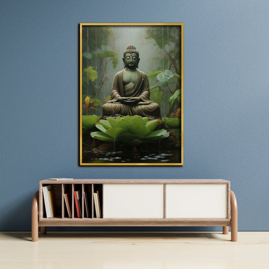 Gautam Buddha Mediating In Forest Canvas Painting Framed Wall Art