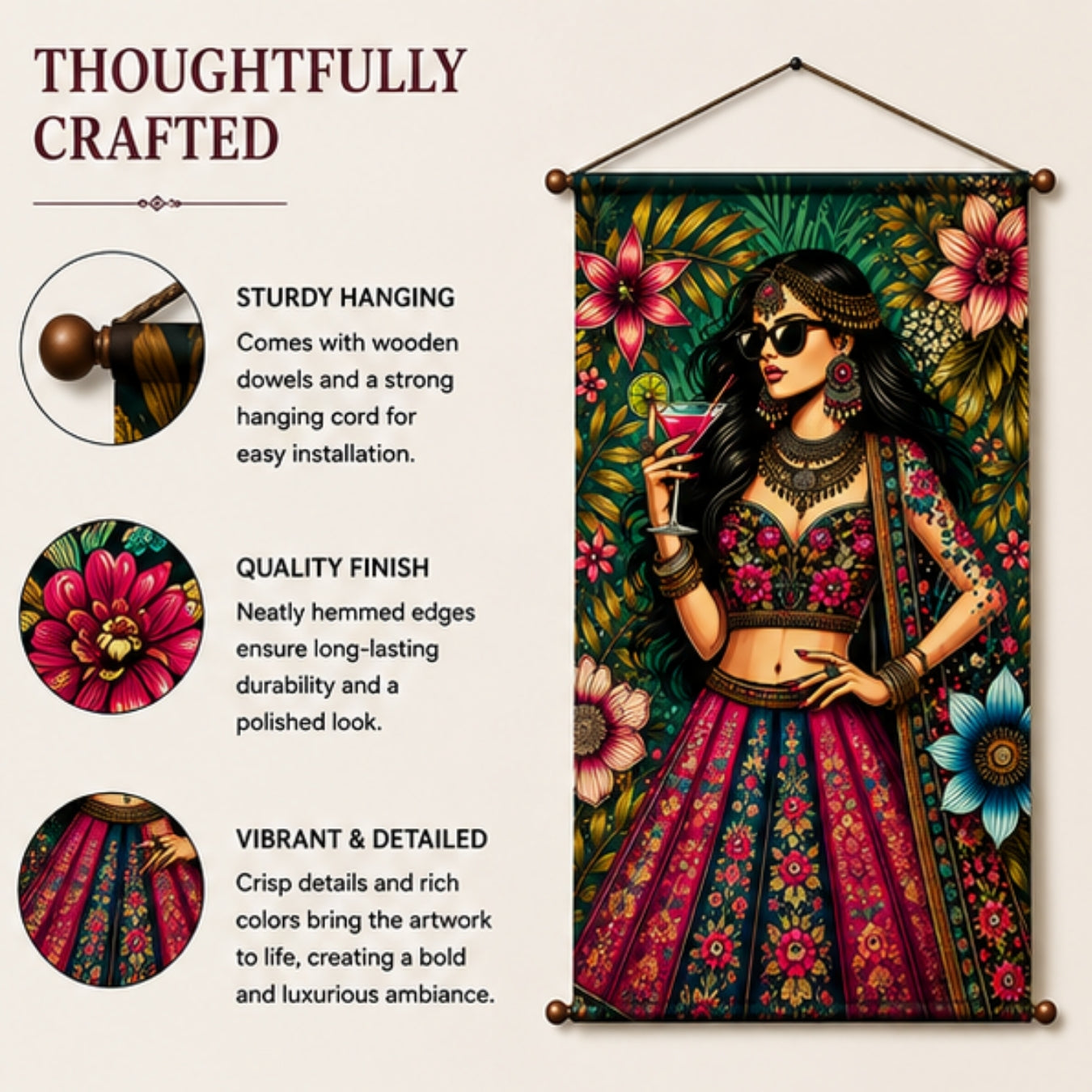 Boho Diva Fabric Wall Tapestry Hanging for Living Room & Bedroom | Stylish Indian Fashion Girl Wall Decor with Floral Design | Aesthetic Fabric Tapestry for Home, Salon, Café & Girls Room 20x30 Inch
