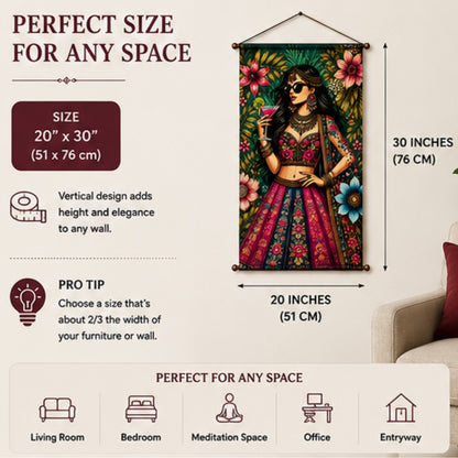 Boho Diva Fabric Wall Tapestry Hanging for Living Room & Bedroom | Stylish Indian Fashion Girl Wall Decor with Floral Design | Aesthetic Fabric Tapestry for Home, Salon, Café & Girls Room 20x30 Inch