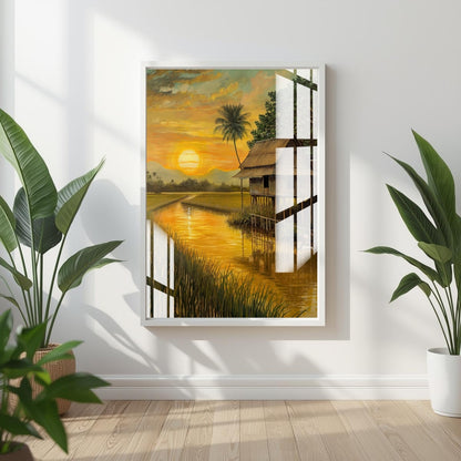 Golden Backwater Sunset Metal Print With or Without Frame Wall Art